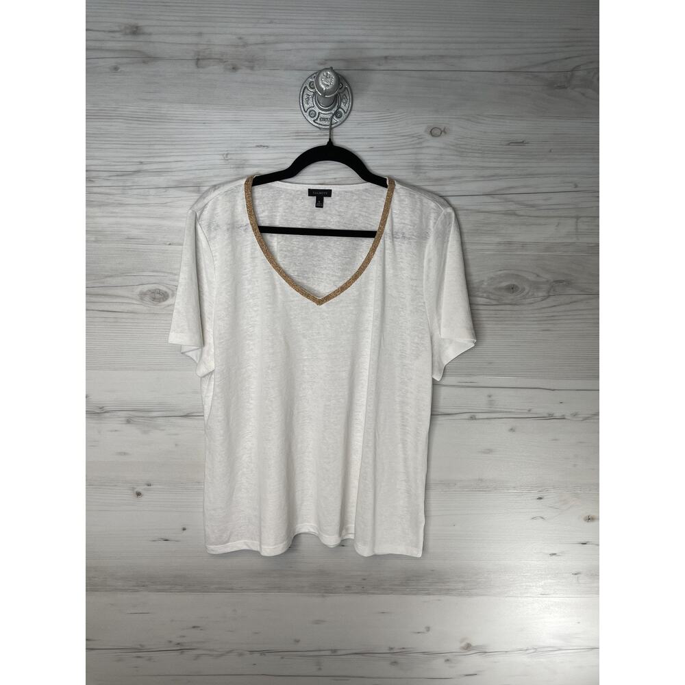 Talbots Shirt Womens XL White Linen Blend V-Neck Short Sleeve Metallic Trim